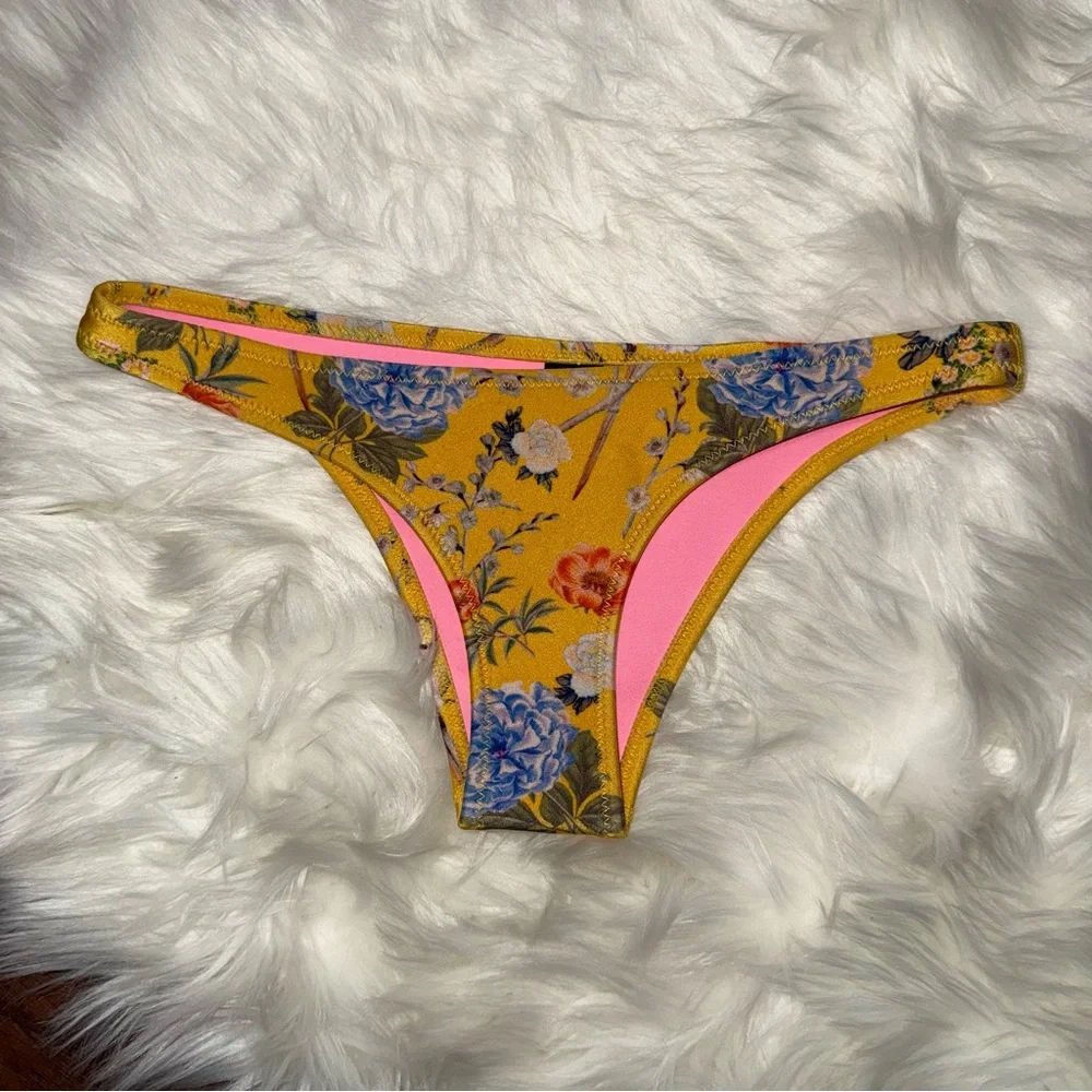 TRIANGL‎ Yellow Floral Cheeky Low Rise Bikini Bottom Y2K Resort Swimsuit Scuba
